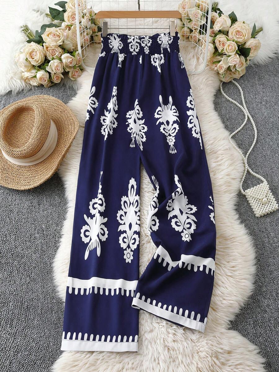 Women's High Waist Wide Leg Pants, Made Of Non-Stretch Polyester Fabric, With Prominent Pattern, Comfortable And Vacation Spring - Navy Blue - View 1