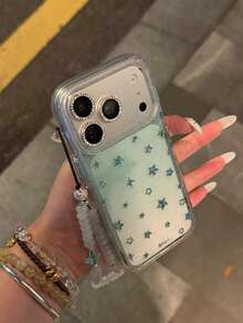 清新綠色漸層金星手機殼，適用於 Apple 17 Pro Max、新 17、16 Pro、14、16，全包覆防震保護殼，附鏈條背帶，小眾風格女款，適用 13、18 Pro Max - 綠色 - 查看 3
