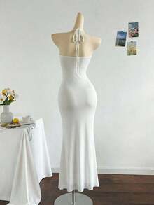 2026 Women's Romantic Gradient Mesh Knit Holiday Dress With Halter Neck, Bow And Decorative Metal Buckle, Mermaid Cut, Suitable For Parties, Dates, Afternoon Tea, Sexy And Elegant - 白色 - 查看 2