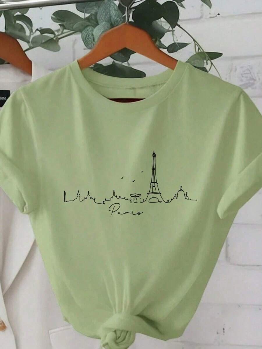 Women's T-Shirt With Paris Skyline Design, Paris Art Print, Round Neck, Short Sleeve, Casual Style, Paris Graphic T-Shirts For Women - 軍綠色 - 查看 1