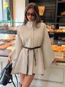 Abrigo de lana con cuello alto, mangas de murciélago, cintura ceñida para mujer en otoño/invierno - Albaricoque - Ver 8