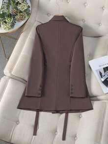 Chaqueta de traje de mujer con doble botonadura y cordones en color marrón, abrigo delgado y de longitud media para ir al trabajo, tela suave y elegante, prenda exterior casual elegante para mujeres de 25 a 45 años en primavera - Marrón - Ver 4