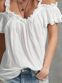 Spring/Summer New Bohemian Style White Cold Shoulder Casual Fashion Solid Color Camisole Shirt Elegant Elegant Short Sleeve Camisole Women's Top, Vacation Home Commute, Women's Elegant Top - White - View 6