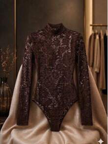 Elegant Sexy Printed Transparent Lace Tulle Bodysuit For Women, Fashion Blogger Style - Rust Brown - View 1