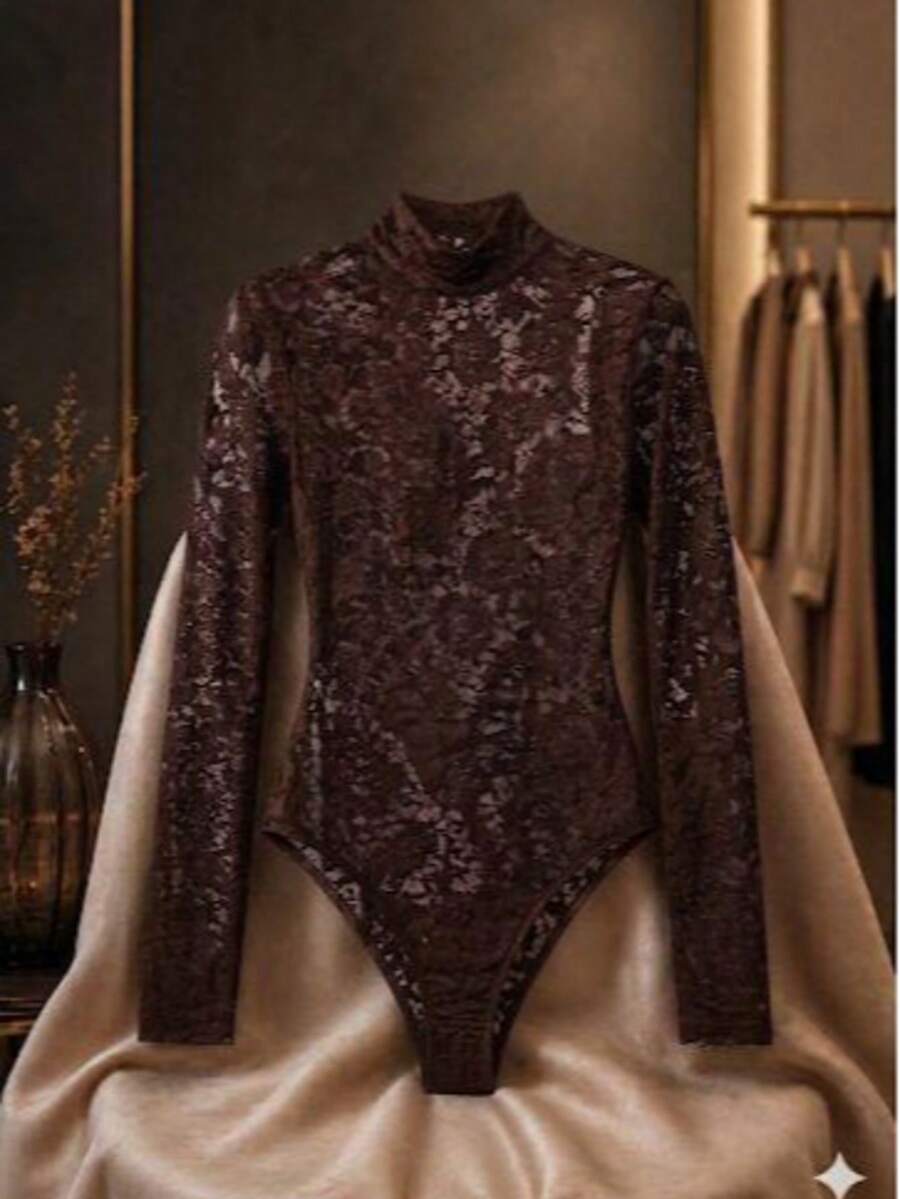 Elegant Sexy Printed Transparent Lace Tulle Bodysuit For Women, Fashion Blogger Style - Rust Brown - View 1