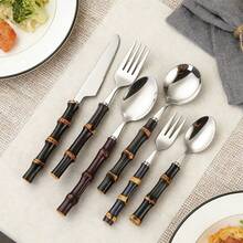 2/4/12pcs Natural Bamboo Handle Stainless Steel Flatware Set, 4-Piece Knife Fork Spoon Set, Stainless Steel, Non-Slip Grip, Suitable For Various Occasions, Vintage Bamboo Knot Design, Elevates Dining Experience - Multicolor - View 3