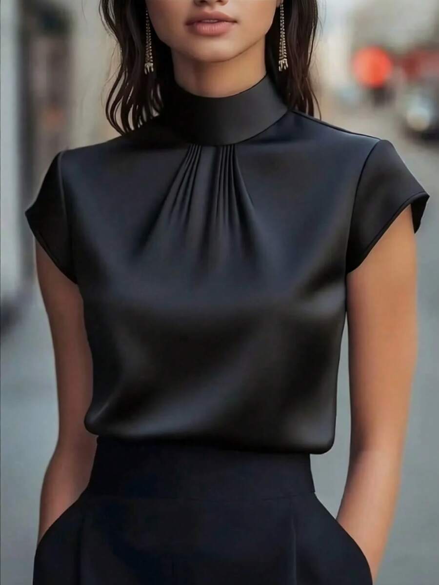 Women's Elegant Mandarin Collar Short Sleeve Top - Crisp Satin-Like Fabric, /Summer/Fall Commute & Party, Machine Washable Black - Black - View 1