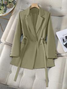 Chaqueta de traje de mujer con doble botonadura y cordones en color marrón, abrigo delgado y de longitud media para ir al trabajo, tela suave y elegante, prenda exterior casual elegante para mujeres de 25 a 45 años en primavera - Tarjeta Verde - Ver 4