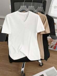 Camiseta casual versátil de mujer de unicolor con cuello en V y manga corta - Blanco - Ver 9