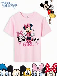 Disney Minnie Mouse Birthday Girl  Print T-Shirt, Designed Specifically For Girls – Premium Children's Wear, Short Sleeve Casual Style, Adorable Design, Suitable For All Seasons, Ideal For Parties And Everyday Play. Features Machine Washable Design, Perfect As A Gift, The Top Choice For Girls' Short Sleeve Tops. - 粉色 - 查看 2