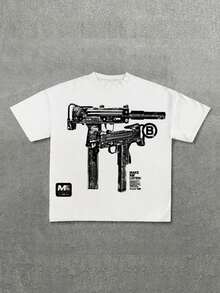 Camiseta con estampado de arma para hombre - Estilo casual de streetwear, camiseta de manga corta de cuello redondo, de moda para el verano - Blanco - Ver 1