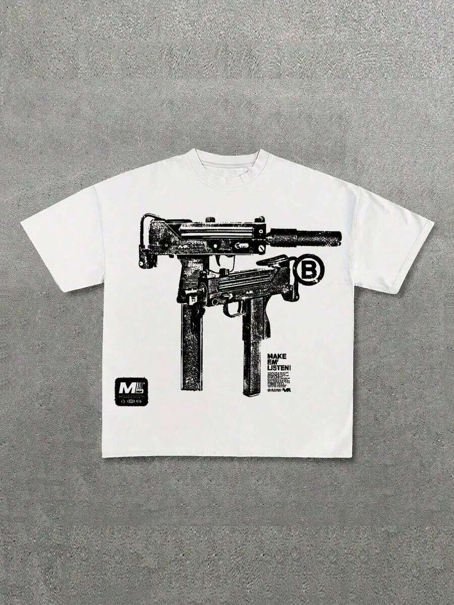 Camiseta con estampado de arma para hombre - Estilo casual de streetwear, camiseta de manga corta de cuello redondo, de moda para el verano - Blanco - Ver 1