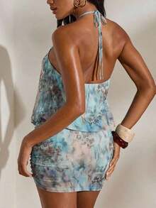 Vestido mini de mujer con estampado de malla de punto y cuello halter, primavera/verano - Verde militar - Ver 5