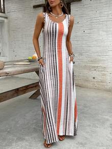 Vestido ajustado con bolsillo dividido de estilo de vacaciones de verano para mujer en color naranja - Multicolor - Ver 5