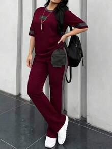 2 piezas Conjunto de camiseta de manga corta de cuello redondo y pantalones sueltos de cintura elástica para mujer, uso diario casual elegante de verano en color negro - Borgoña 199 - Ver 8