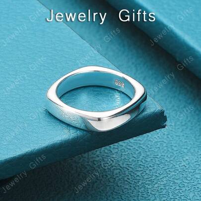 925 Sterling Silver Plated Smooth Square Ring For Women Man Bridal Wedding Bands Lady Party Fashion Pretty Charm Simple Jewelry