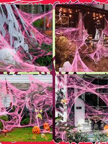 1set-20/60/80/100g,Pink Halloween Spider Webs Decorations With Fake Spiders, Super Stretchy Cobwebs For Halloween Decor Indoor And Outdoor,Super Stretchy Cobwebs - Pink - View 3