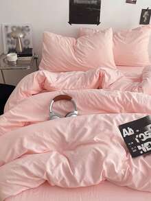 3pcs Solid Color Skin-Friendly Brushed Bedding Set (1*Duvet Cover + 2*Pillowcases, No Filler), Machine Washable, Suitable For All Seasons, Bedroom Use, Soft & Comfortable - Apricot - View 6