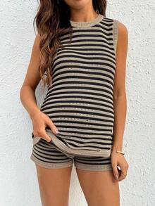 Conjunto de 2 piezas de camiseta de punto a rayas y shorts de embarazo, conjunto de vestido informal de vacaciones de 2 piezas, ropa de verano para mujer - Blanco - Ver 7
