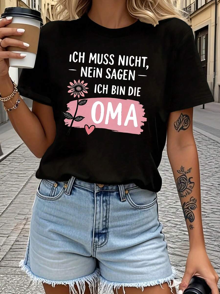 Camiseta gráfica divertida de abuela, camiseta casual de manga corta y cuello redondo para primavera y verano, ropa de mujer - Negro - Ver 1