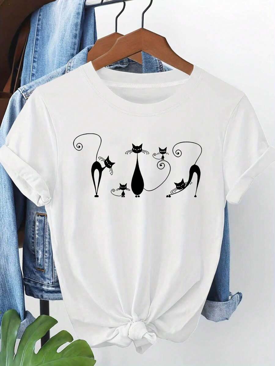 Camiseta de talla para mujer con estampado gráfico de gato de dibujos animados, manga corta y cuello redondo, top casual para verano y primavera, ropa de mujer - Blanco - Ver 1