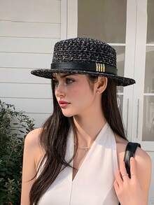 1顶女士编织丝带户外遮阳帽，多功能平顶帽，优雅英伦风小草帽，适合夏季旅行和购物。如果产品变形，可以用熨斗熨平。适合海滩、节日等场合。 - MZ3569 - 查看 33