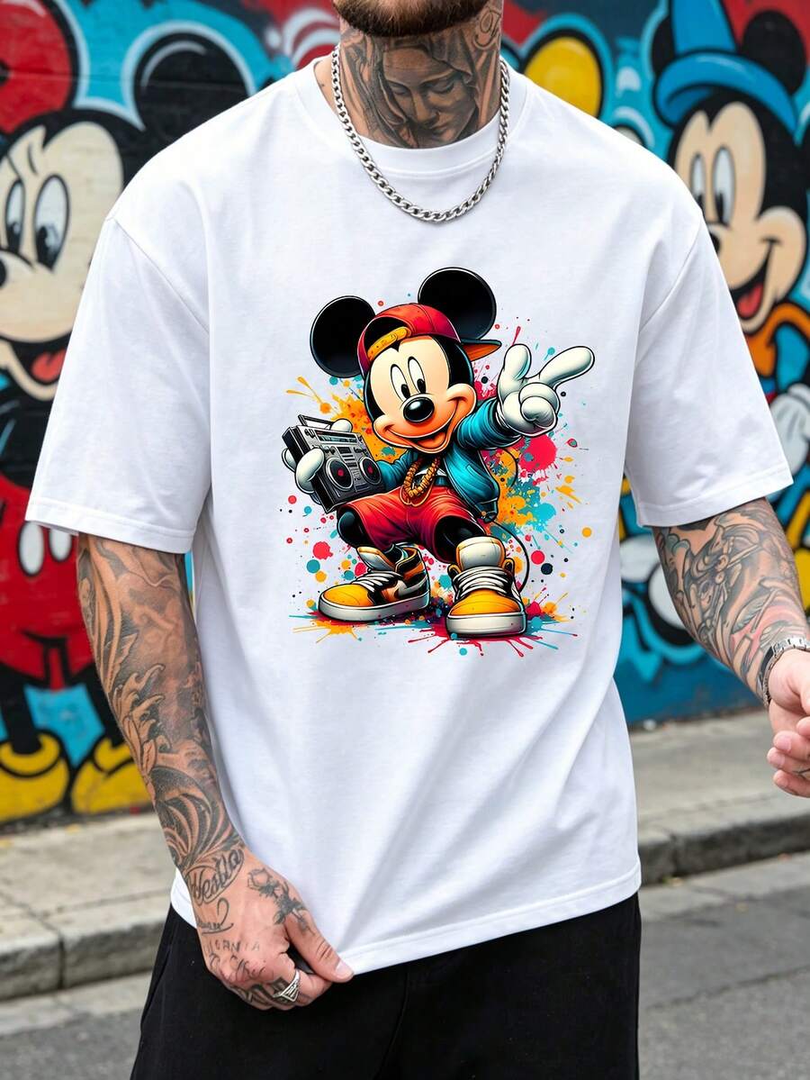 Disney Men's 90s Hip Hop Mickey Mouse Graphic T-Shirt, Crew Neck Short Sleeve Casual Tee, Retro Boombox Graffiti Print Streetwear Top For Men - trắng - Xem 1