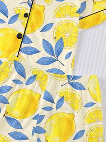 2pcs/Set Tween Girl Lemon Tree Leaf Print Short Sleeve Pajamas, Children's Fashion Short Sleeve Shirt And Ruffle Hem Shorts Set, Lemon And Leaf Print, Suitable For Children And Teenagers Daily, Casual, Vacation Wear - Multicolor - View 5