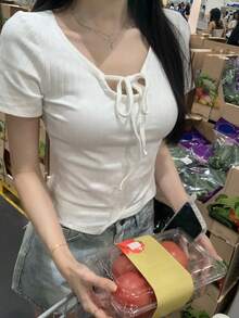灰色不對稱休閒女款短袖T恤 白色夏季 - 白色 - 查看 3