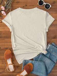 Camiseta de mujer de cuello redondo, holgada y de alta calidad, con estampados de letras, corazones de dibujos animados y diseños de animales pequeños en varios estilos, es adecuada para el uso diario casual y salidas a la playa. Es la elección perfecta para conjuntos de vacaciones en pareja. Hecha de 100% algodón puro, tela de 200 gramos de peso, de alta calidad, suave y cómoda, un imprescindible para el uso diario. - Blanco - Ver 2
