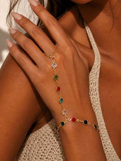1pc Fashionable, Sexy, Elegant, Retro, Exquisite, Colorful Glass Linked Finger Chain Bracelet, Suitable For Women's Daily Casual, Formal Events, Music Festivals, Parties