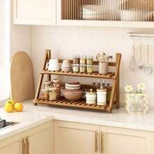 BZP9 1 pieza Organizador de estante plegable de bambú para encimera de cocina, estantería de almacenamiento multifunción compacta para uso doméstico - Marrón 50 cm - Ver 1