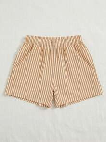 Conjunto Casual de 2 Piezas para Mujer Camiseta Manga Corta con Estampado de y Shorts de Cintura Alta a Rayas estilo casual ideal diario vacaciones dulce - Camel - Ver 2