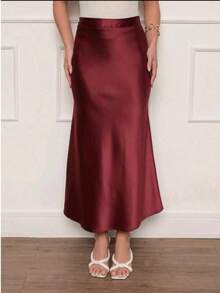 Women's Elegant Casual Satin Midi Skirt - 酒紅色 - 查看 2
