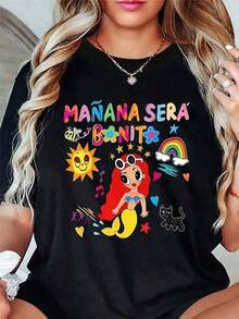 Camiseta Gráfica Blanca para Mujeres - Diseño Divertido de Sirena con Texto "MANANA SERA DONTO" - Camiseta Casual Suave y Elástica para el Gimnasio, Playa, Salón - Lavable a Máquina, Top para Mujeres, Ajuste de Playa, Estampado, Ajuste Cómodo, Camiseta Impresa, Amantes del Fitness, Suelta y Cómoda - Negro - Ver 9