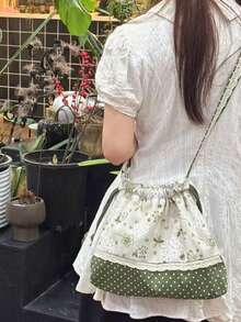 韓系Ins風森林拼接百搭時尚單肩斜背包，通勤、出遊、日常購物，圓點抽繩設計，小眾清新大容量蕾絲斜背包女款 - 綠色 - 查看 4