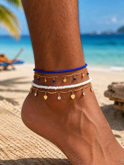 4pcs Minimalist Elegant Versatile Blue & White Crystal Heart Tassel Braided Beaded Anklets For Men, Suitable For Daily, Beach, Travel
