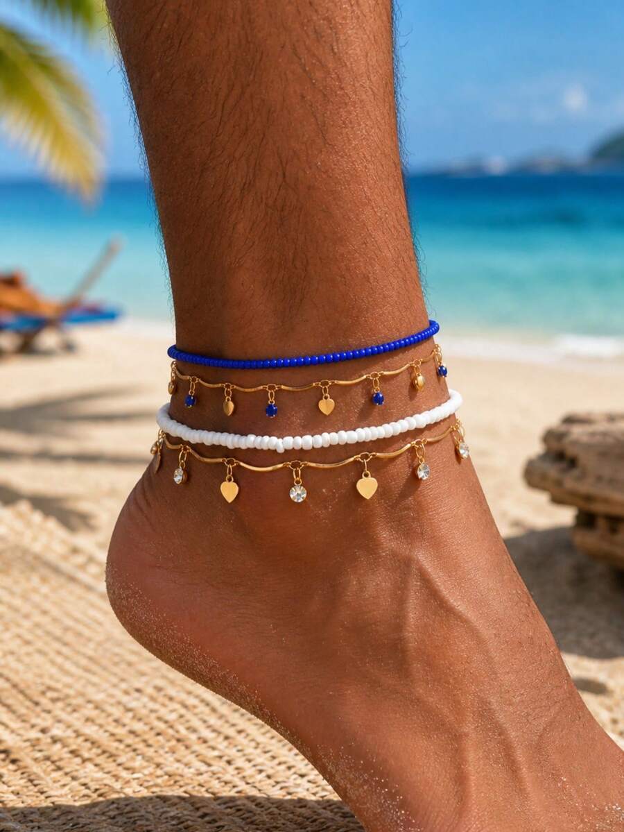 4pcs Minimalist Elegant Versatile Blue & White Crystal Heart Tassel Braided Beaded Anklets For Men, Suitable For Daily, Beach, Travel (Chain Length Customized, Heart & Teardrop Pendant Quantity Random) - Blue and White - View 1