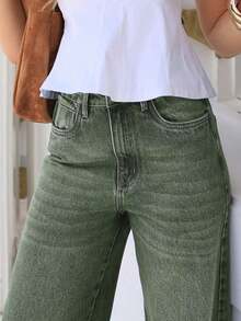 Jeans rectos holgados y casuales para mujer con bolsillos, pantalones vaqueros lavados simples, adecuados para el verano y también un artículo imprescindible para el otoño y la primavera - Verde militar - Ver 5