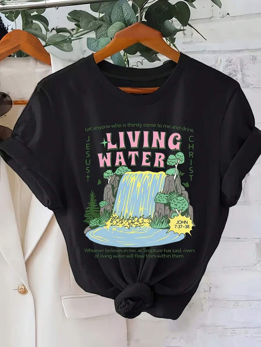Women's Casual Summer T-Shirt, Crew Neck, Graphic Print, 100% Cotton, Machine Washable. Short-Sleeve Top For Spring/Summer, Regular Length - Active Water Design. VGQ0 - Hitam - View 1