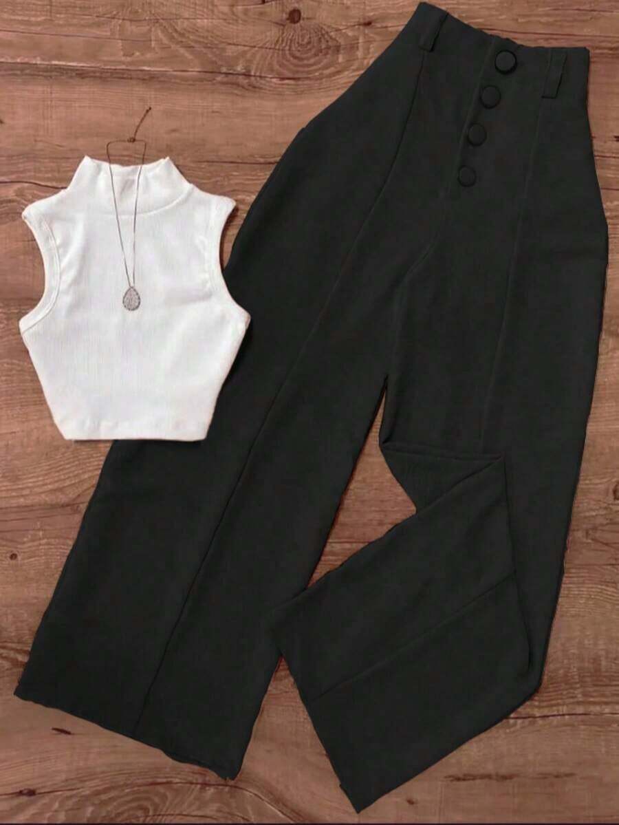 Conjunto de chaleco y pantalones de unicolor, de estilo casual, de vacaciones, con falsos botones, para oficina y jardín, con cuello de tortuga, para primavera/verano - En blanco y negro - Ver 1