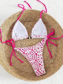 73PC Nuevo conjunto de bikini de 2 piezas de lujo y elegante Swim Vcay, con encaje de ganchillo blanco y triángulo caramelo/marrón. Parte superior de natación con cuello de halter y acentos de cuentas de madera, tanga sexy de corte alto para traje de baño/bañador de verano para playa, piscina, vacaciones, estilo retro Y2K Spice Hot Girl, festival de música, salidas a la tropical y vibraciones modernas - Rosa Fucsia - Ver 1