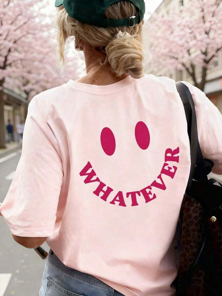 New Women's Summer Short-Sleeved T-Shirt With Minimalist "WHATEVER" And  Face Print, Round Neck, Dark Gray Color, Versatile And Suitable For Casual Blouses. - 淺灰 - 查看 1