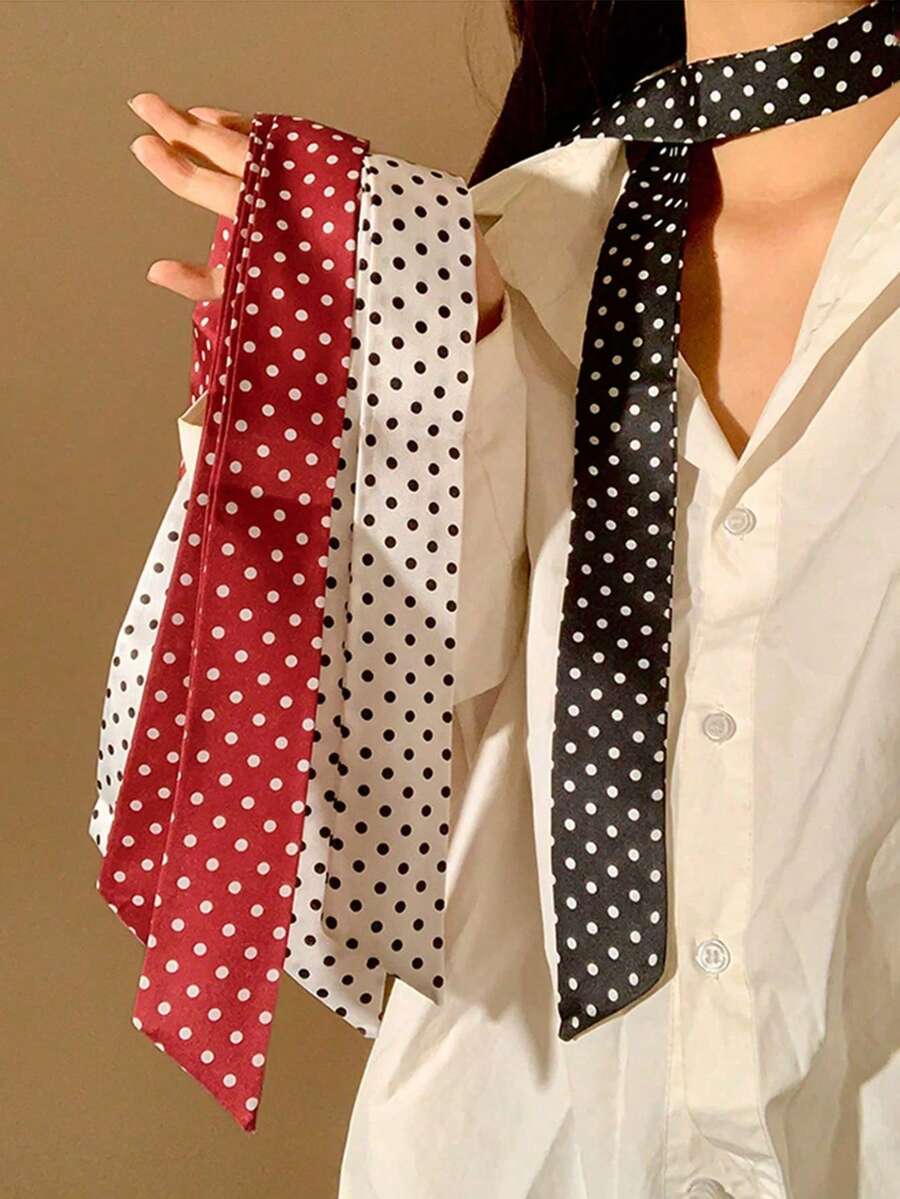 1件女款波點小絲巾，窄款尖端設計，韓系百搭，適用於包包、襯衫、緞帶與裝飾緞帶，可搭配衣著，假日、旅行必備，適合校園