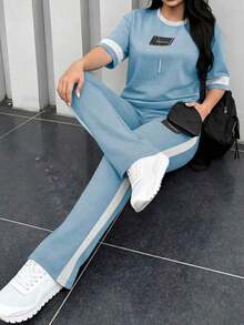Conjunto de 2 piezas de camiseta de manga corta de cuello redondo y pantalones sueltos de cintura elástica para mujer, uso casual diario, elegante para primavera/otoño y verano - Azul cielo 220 - Ver 8