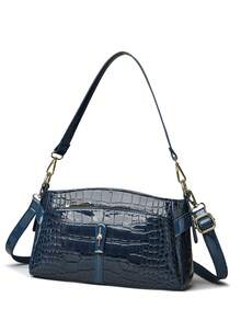 Retro Minimalist Printed Crossbody Bag With Adjustable PU Strap, Flap Closure , New Year - Azul - Ver 6