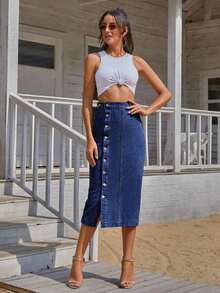 Frenchy Mujeres, falda de mezclilla con botones únicos para combinar diariamente - Azul 2 - Ver 5