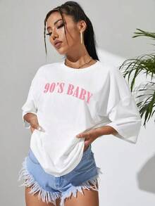 Camiseta gráfica de hombros caídos y sobredimensionada con diseño de letras, blusas gráficas para mujer, unisex - Negro - Ver 9