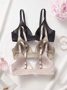 3pcs Women V-Neck Comfortable Wireless Front Closure Soft Cup Solid Color Cotton Bras With Adjustable Straps - Multicolor - View 10