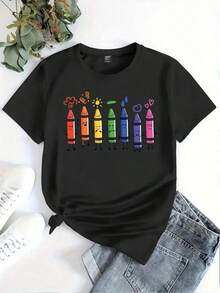 This High-Quality, Loose-Fitting Women's Crew Neck T-Shirt Features A Variety Of Prints, Including Lettering, Cartoon Hearts, And Small Animal Designs. It's Perfect For Everyday Casual Wear And Beach Outings. It's Also A Great Choice For Couples' Vacation Outfits. Made From 100% Pure Cotton, This 200-Gram Fabric Is Soft, Comfortable, And A Must-Have For Everyday Wear. - 黑色 - 查看 3